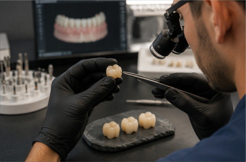 Dental technician inspecting crown restoration quality and precision before delivery