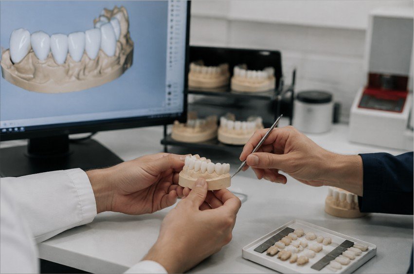 Dentist and lab technician discussing case details