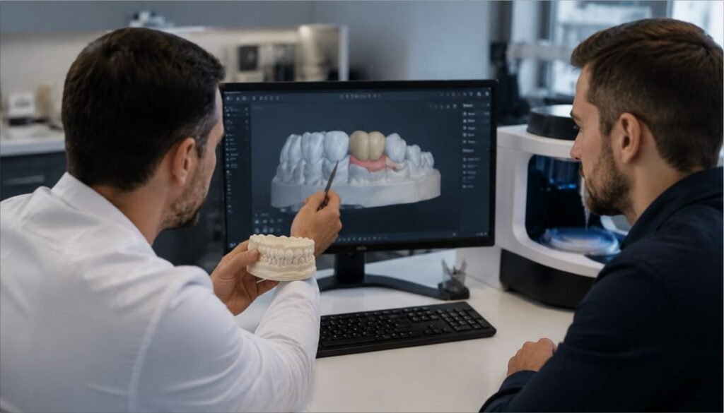 Dentist collaborating with dental lab technician on digital dental restoration workflow