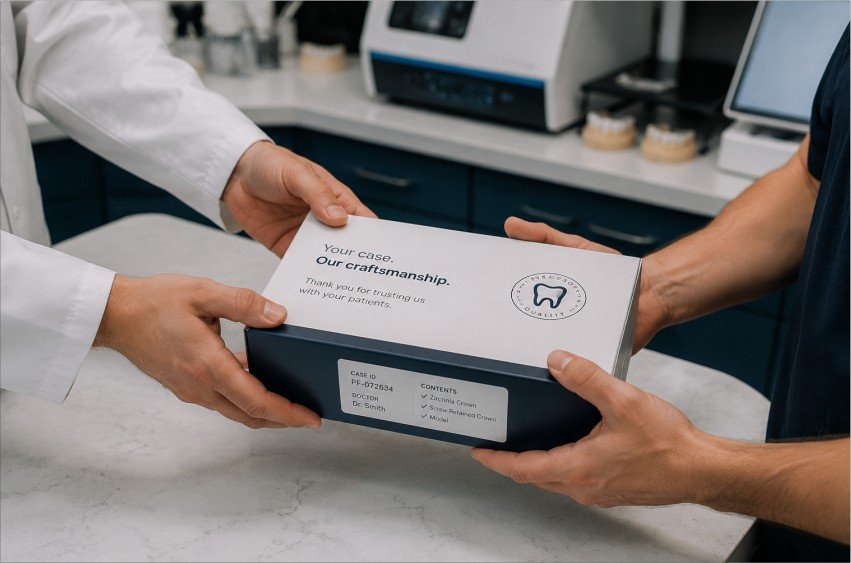 Dentist receiving completed dental restoration case package